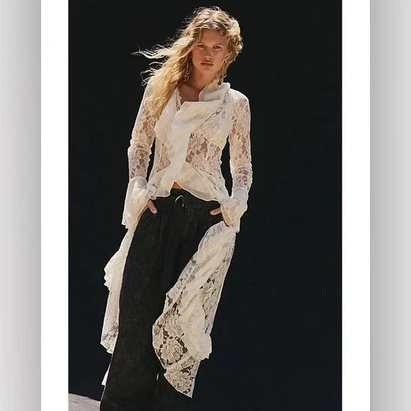 Women’s White Long Sleeve Ruffle Sheer Lace Maxi Dress Top Kimono - Picture 6 of 13